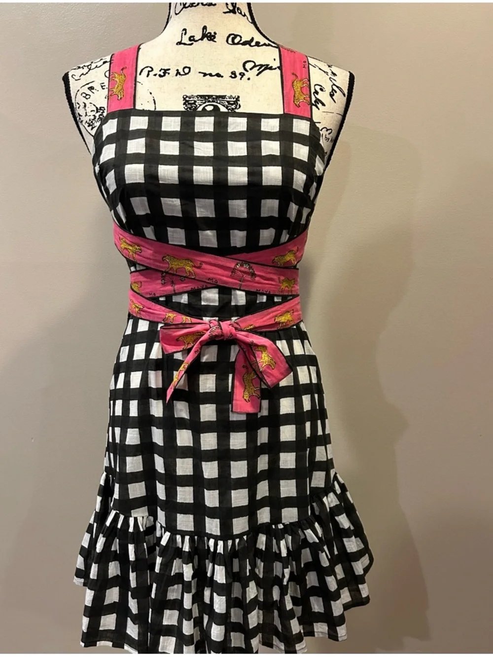 Mo Maya Luna Check and Leopard Print Strap Square Neckline Sleeveless Mini Dress - Picture 3 of 16